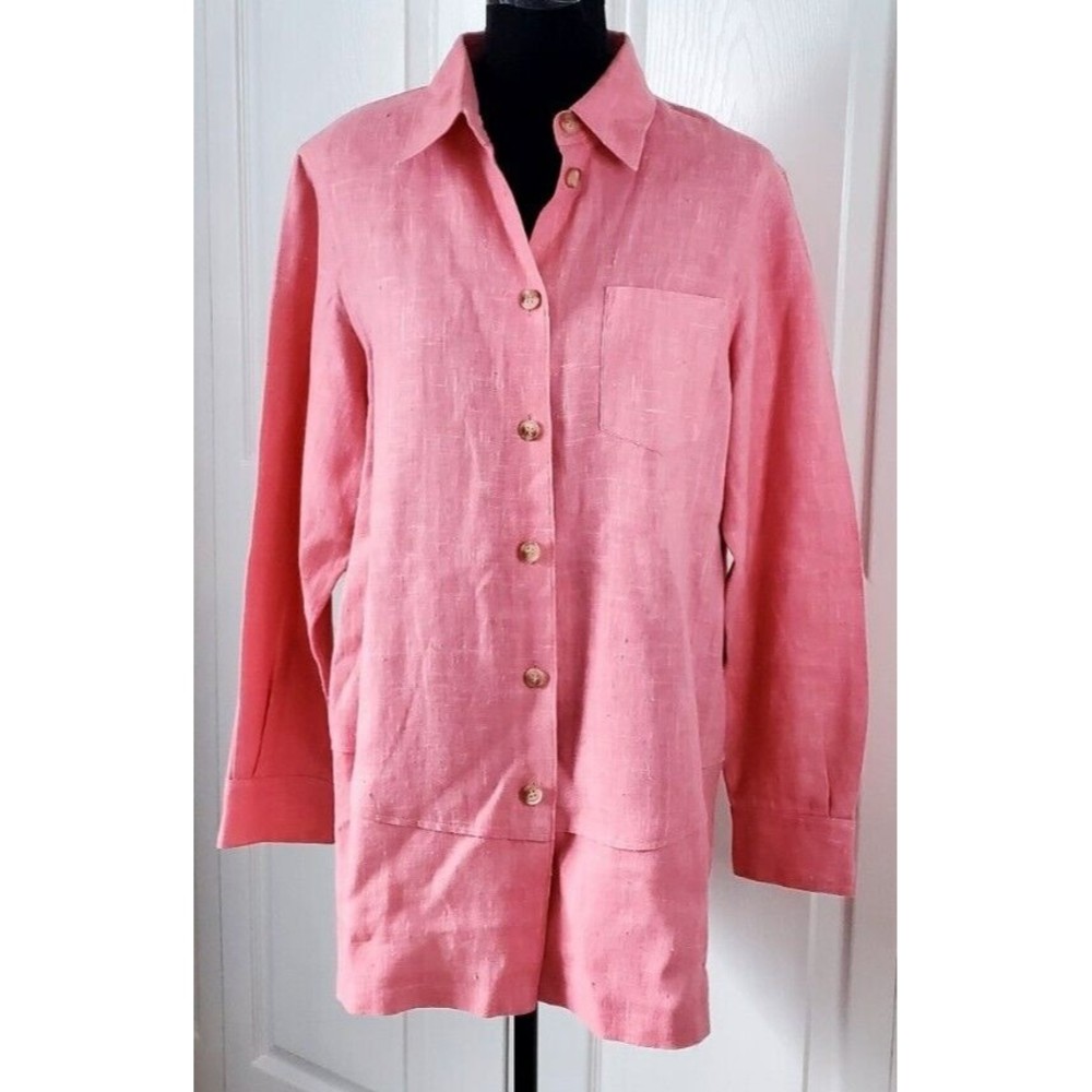 HARVE BENARD Womens Sz 10 Pink Linen Button Down Tunic Career Wear Shirt Top